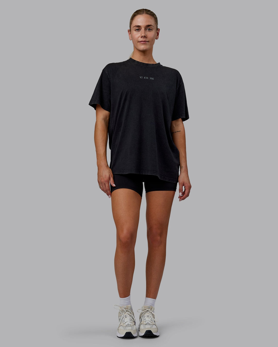 Woman wearing Sara I Can Shall &amp; Will Oversized Washed Tee - Black-Black