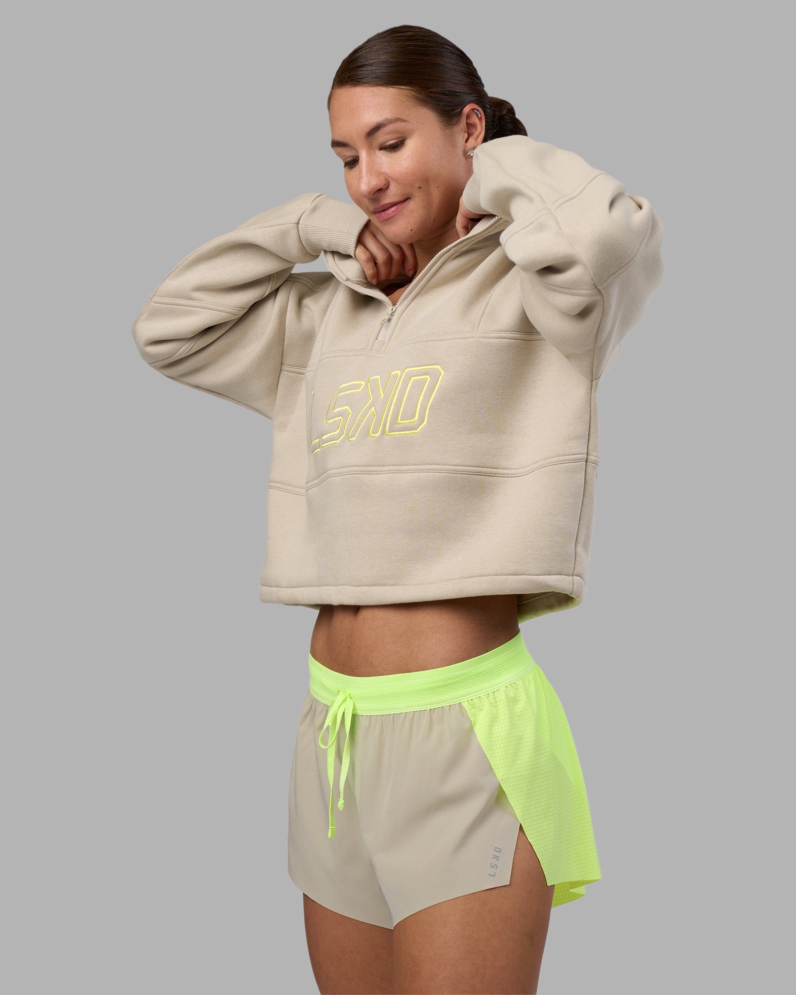 Slam Quarter Zip Sweater - Shale Beige-Lime Glo | LSKD – LSKD US