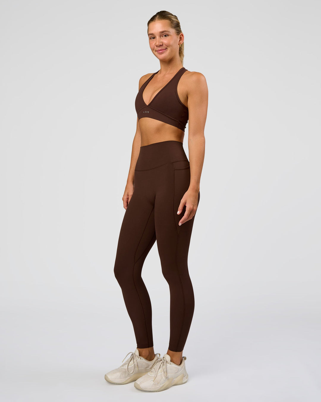 Woman wearing Stamina Sports Bra - Hot Chocolate | Model:Amity | Size:S