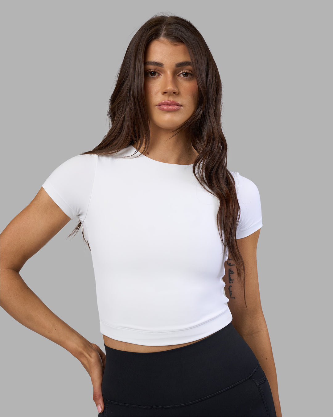Woman wearing Staple Cropped Tee - White | Model:Phoebe | Size:S