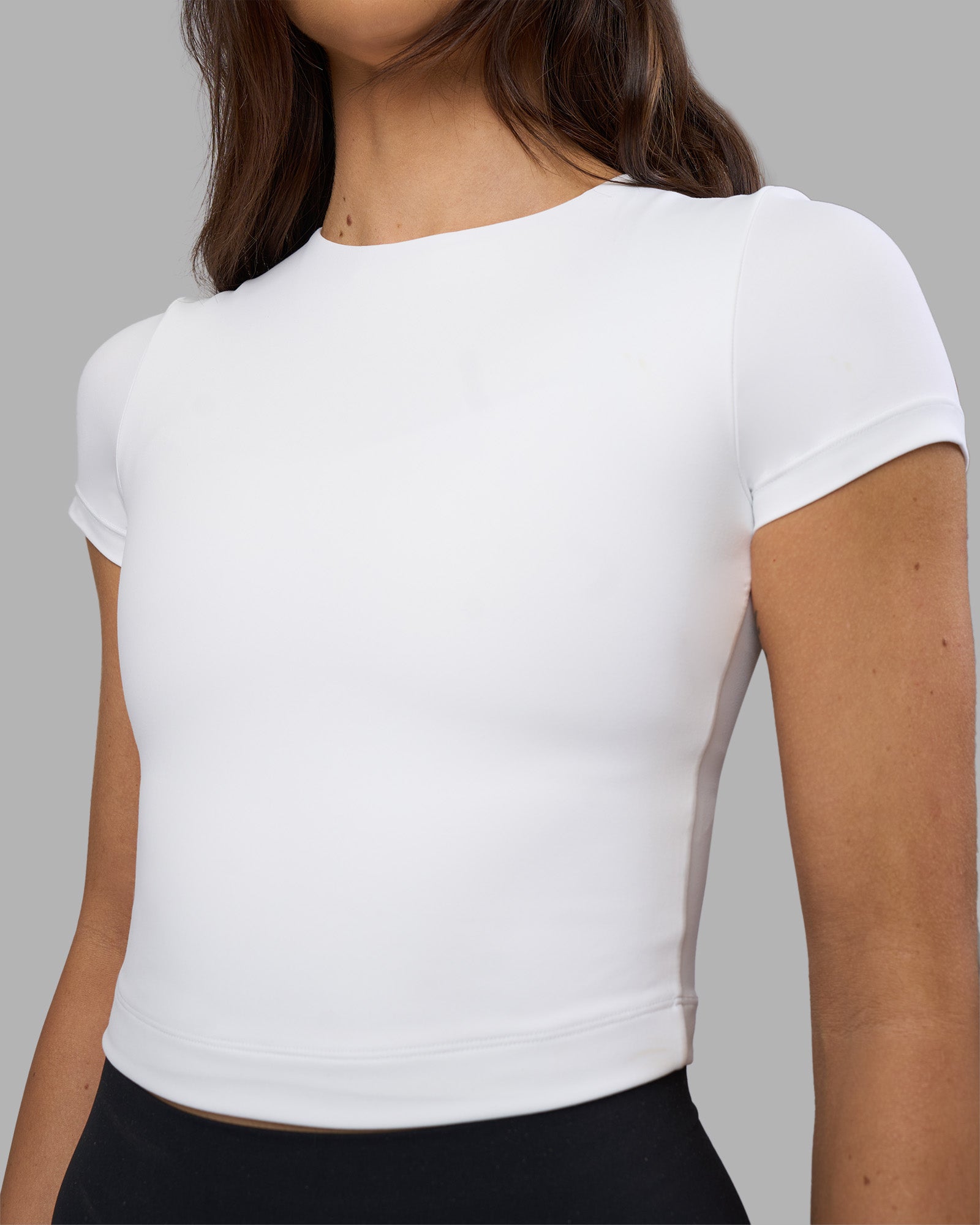 Woman wearing Staple Cropped Tee - White | Model:Phoebe | Size:S