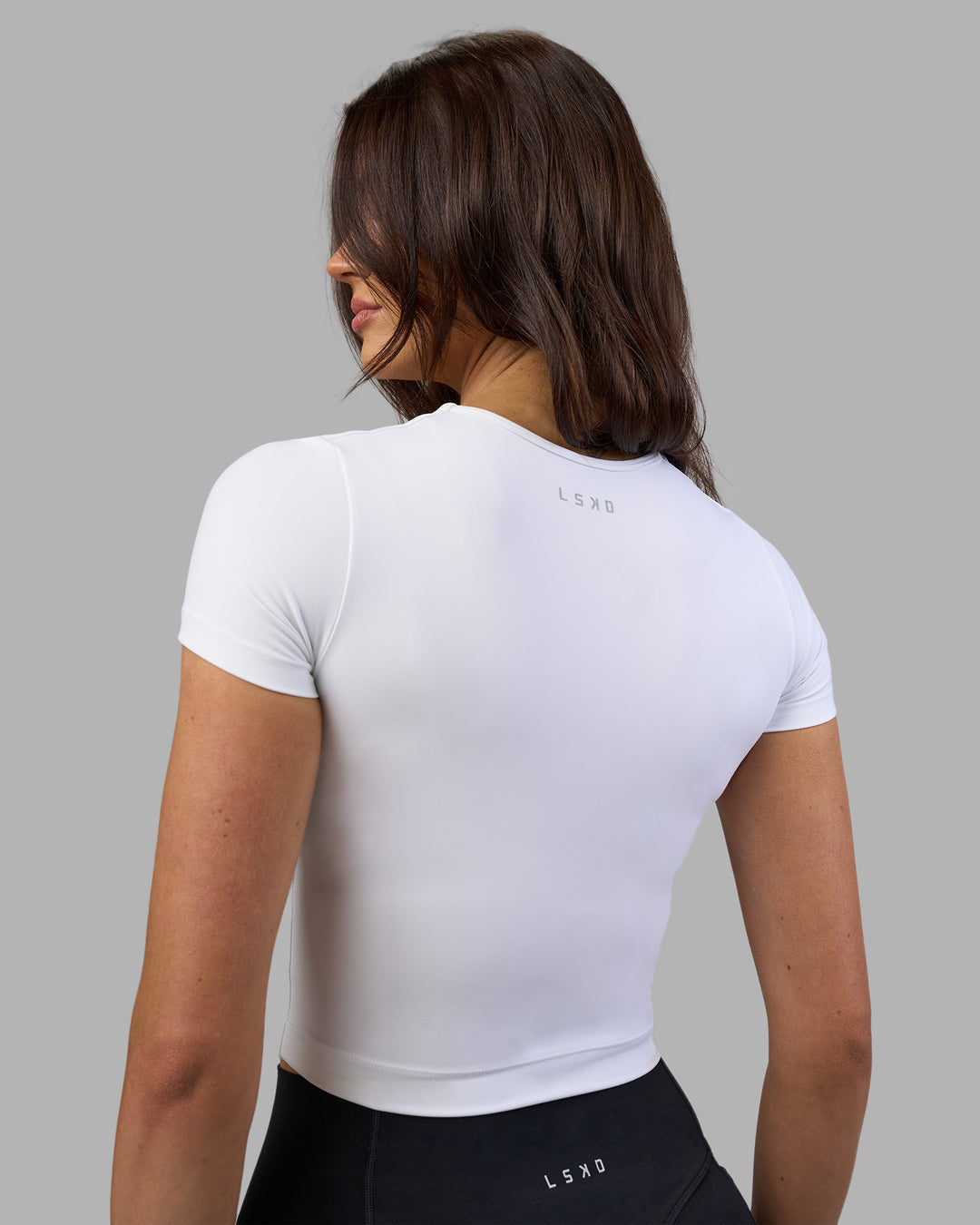 Woman wearing Staple Cropped Tee - White | Model:Phoebe | Size:S