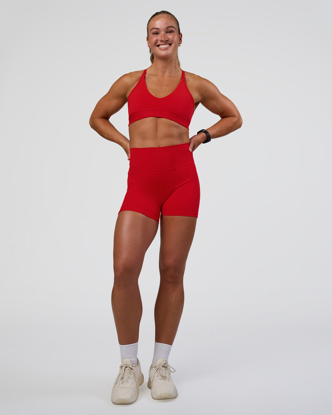 Woman wearing Strive Jacquard Sports Bra - Flame | Model:Sav | Size:S - view 5