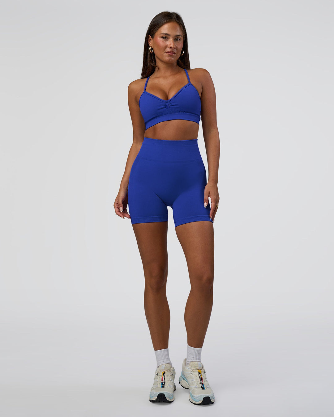 Woman wearing Surge Seamless High-Rise 6" Short - Power Cobalt | Model:Bianca | Size:S - view 2