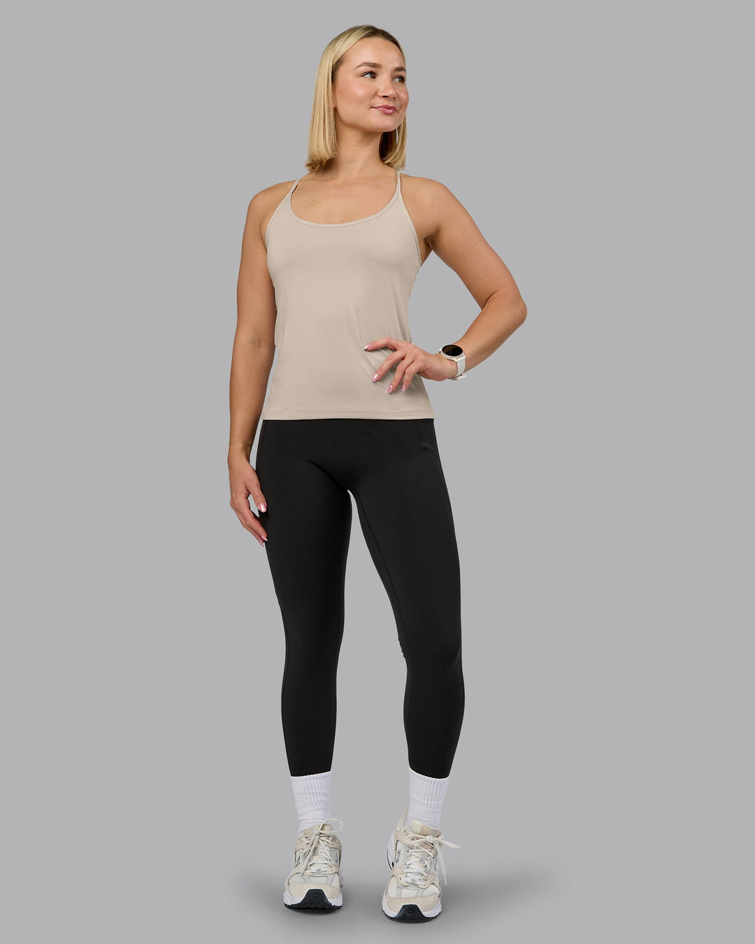Woman wearing Transition CloudFLX Shelf Bra Tank - Shale Beige | Model:Halle | Size:S - view 3