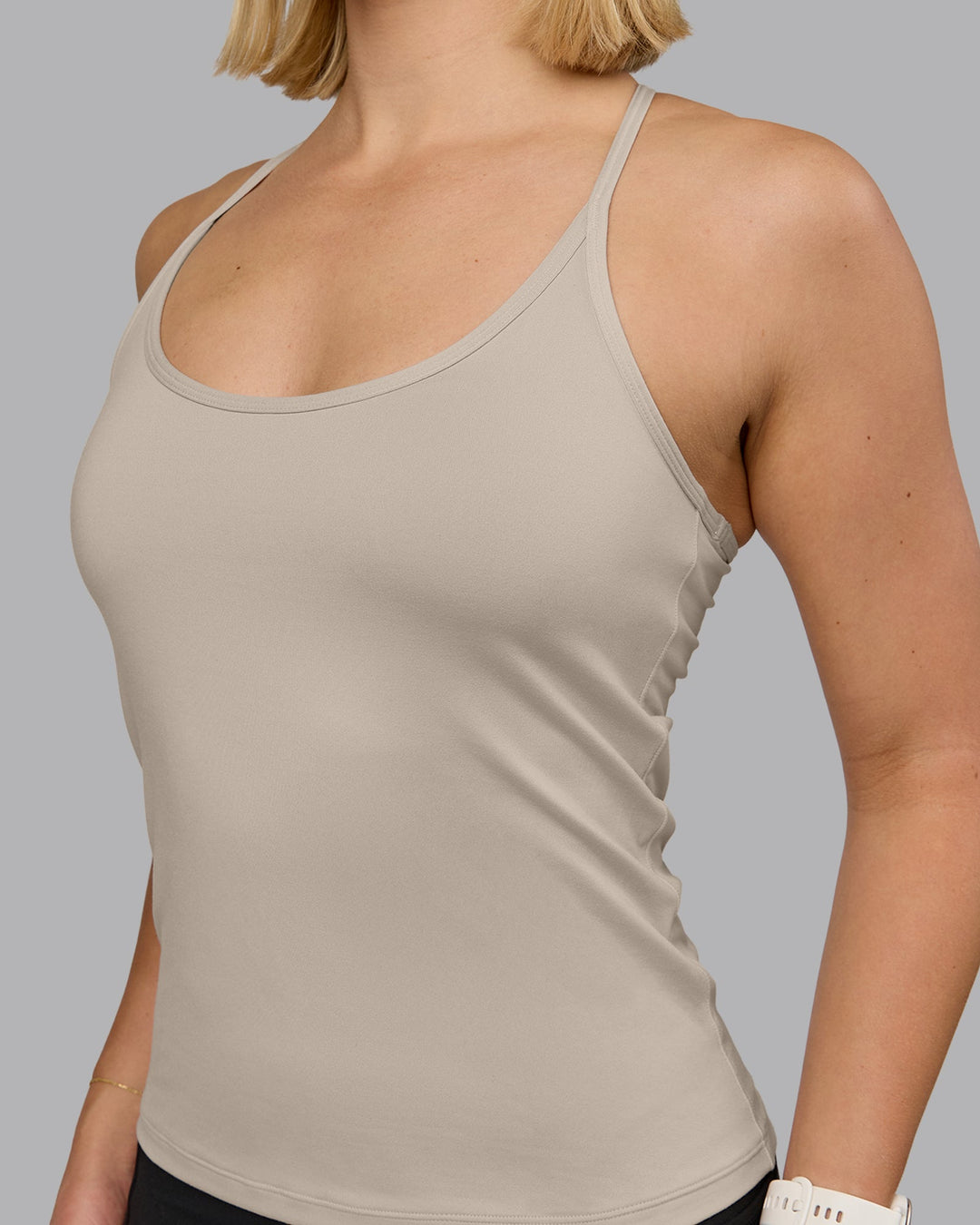 Woman wearing Transition CloudFLX Shelf Bra Tank - Shale Beige | Model:Halle | Size:S - view 6