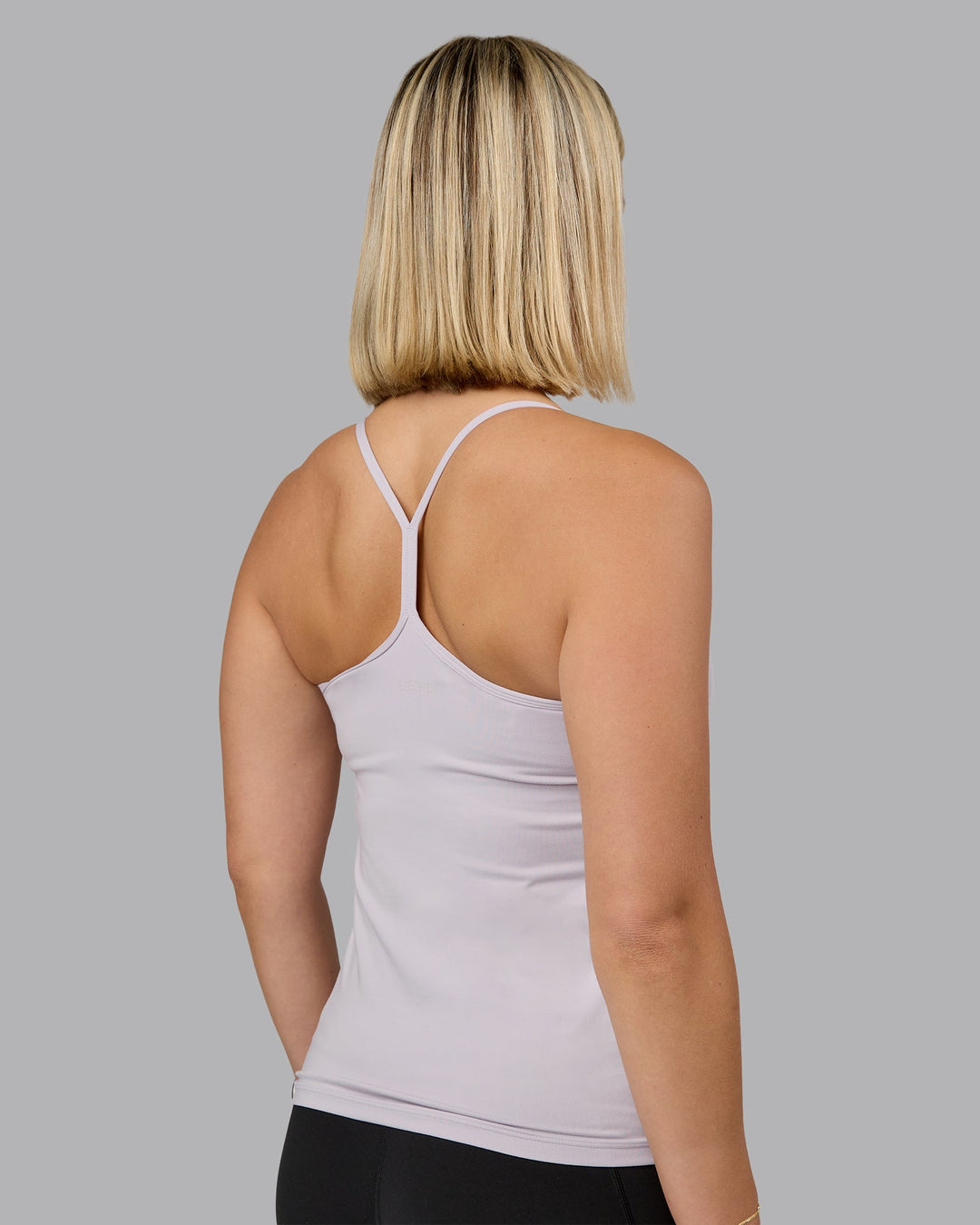 Woman wearing Transition CloudFLX Shelf Bra Tank - Soft Grey | Model:Halle | Size:S