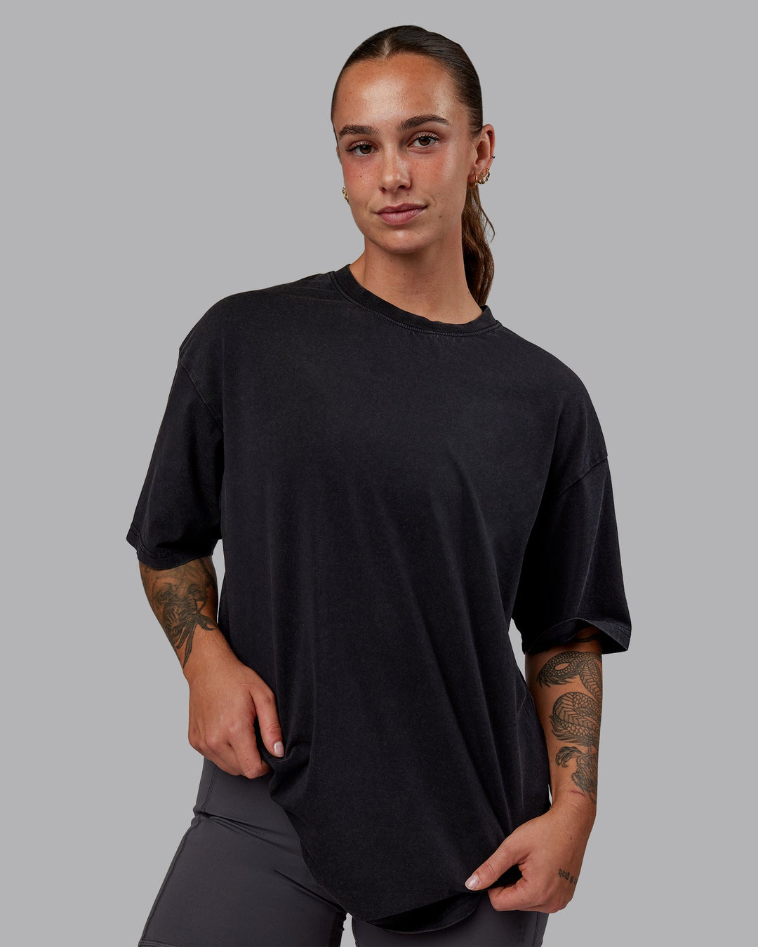 Woman wearing Set The Standard Washed FLXCotton Oversized Tee in Black-Black | Size:S