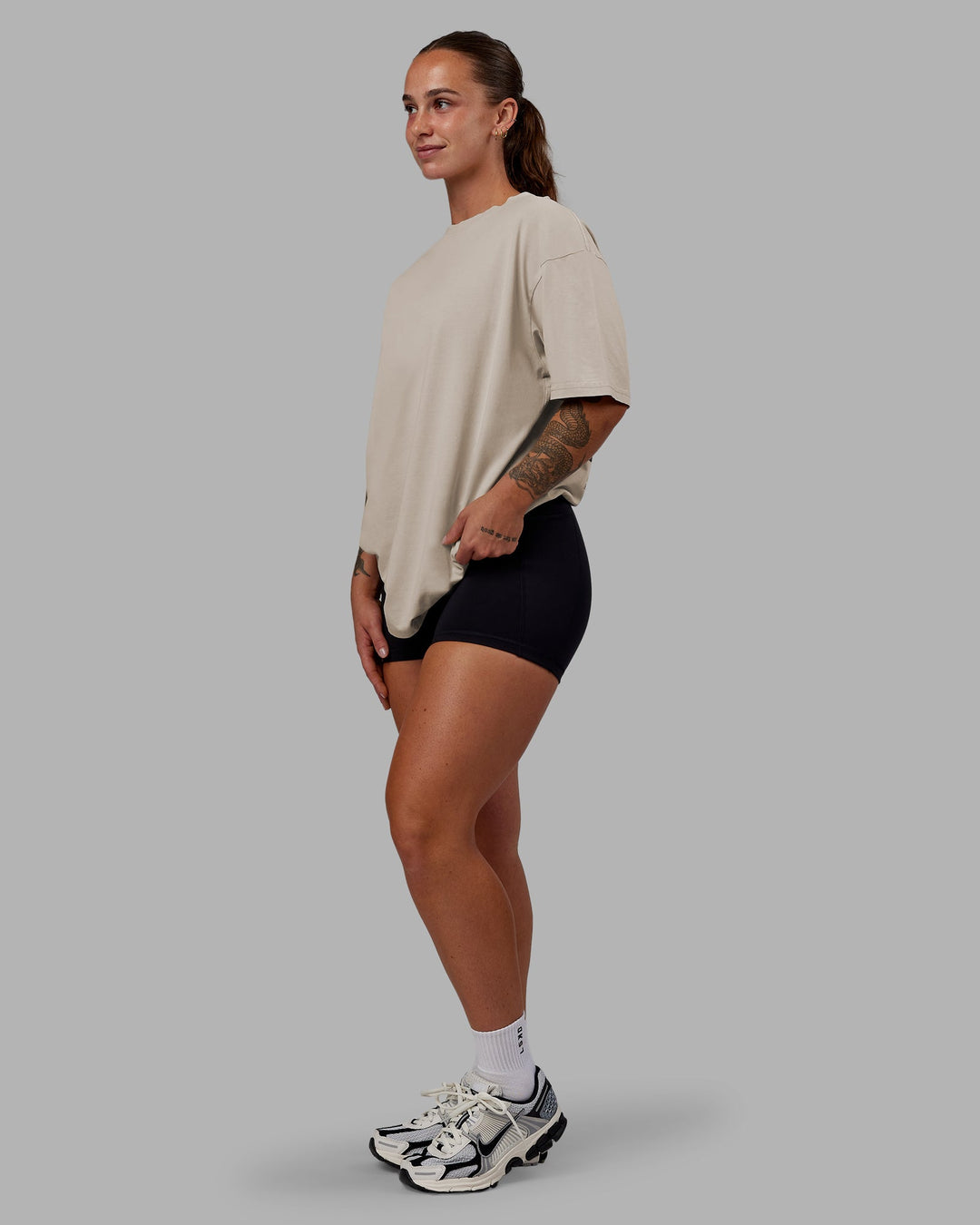 Woman wearing Set The Standard Washed FLXCotton Oversized Tee - Shale Beige | Size:S