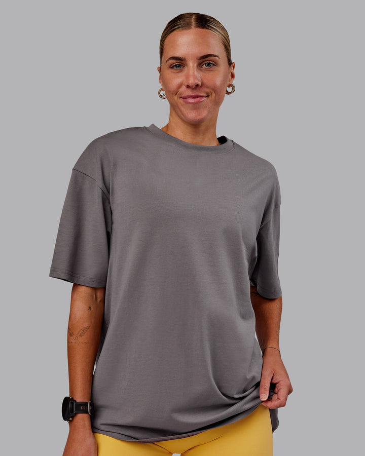 Woman wearing Variation FLXCotton Oversized Tee in Storm Front-Pale Banana | Size:S
