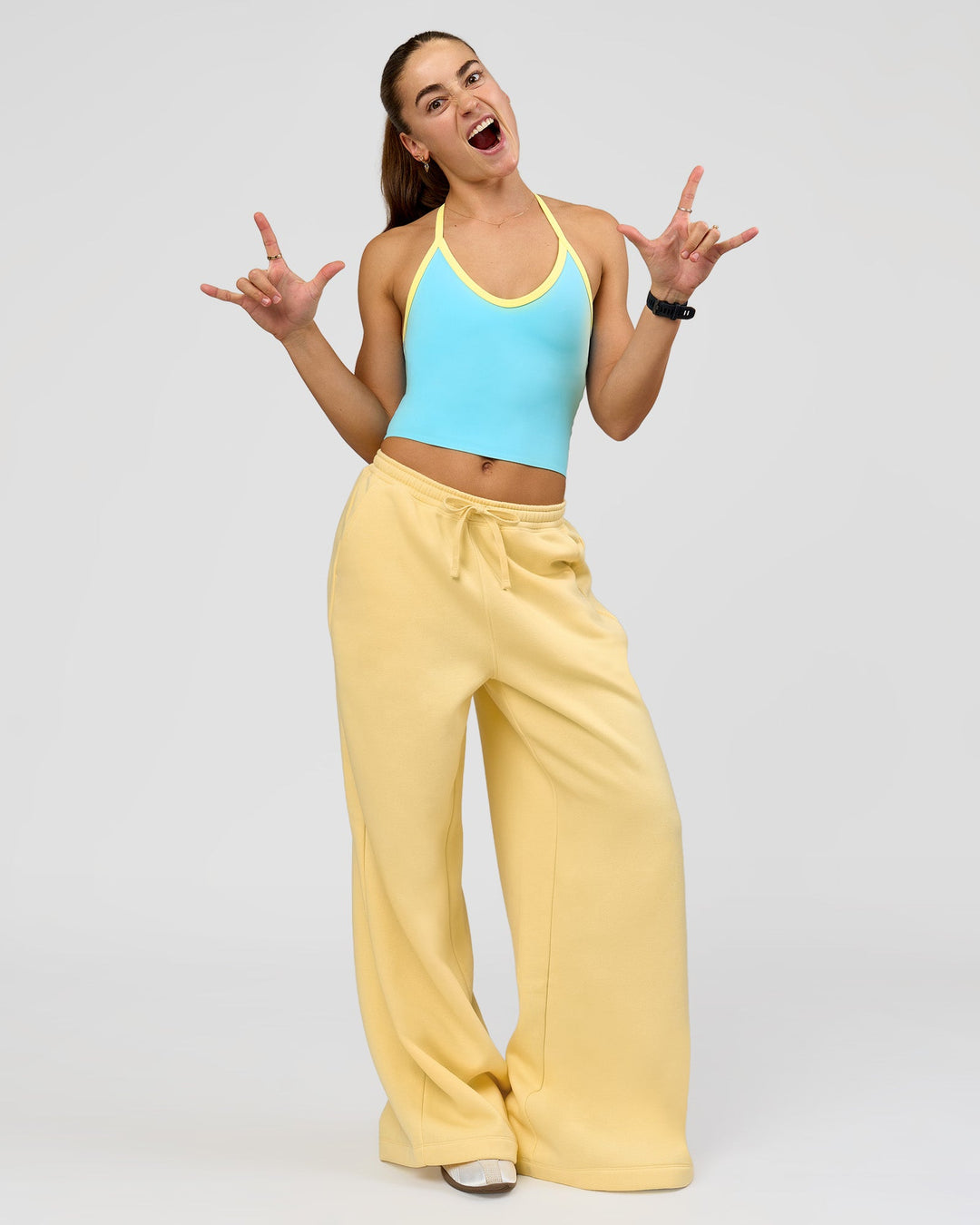 Woman wearing Zola Wide Leg Lounge Pant - Lemon | Model:Grace | Size:S