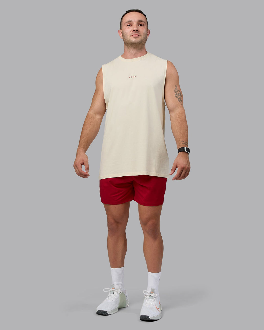 Man wearing Base FLXCotton Tank - Ivory-Cherry Red