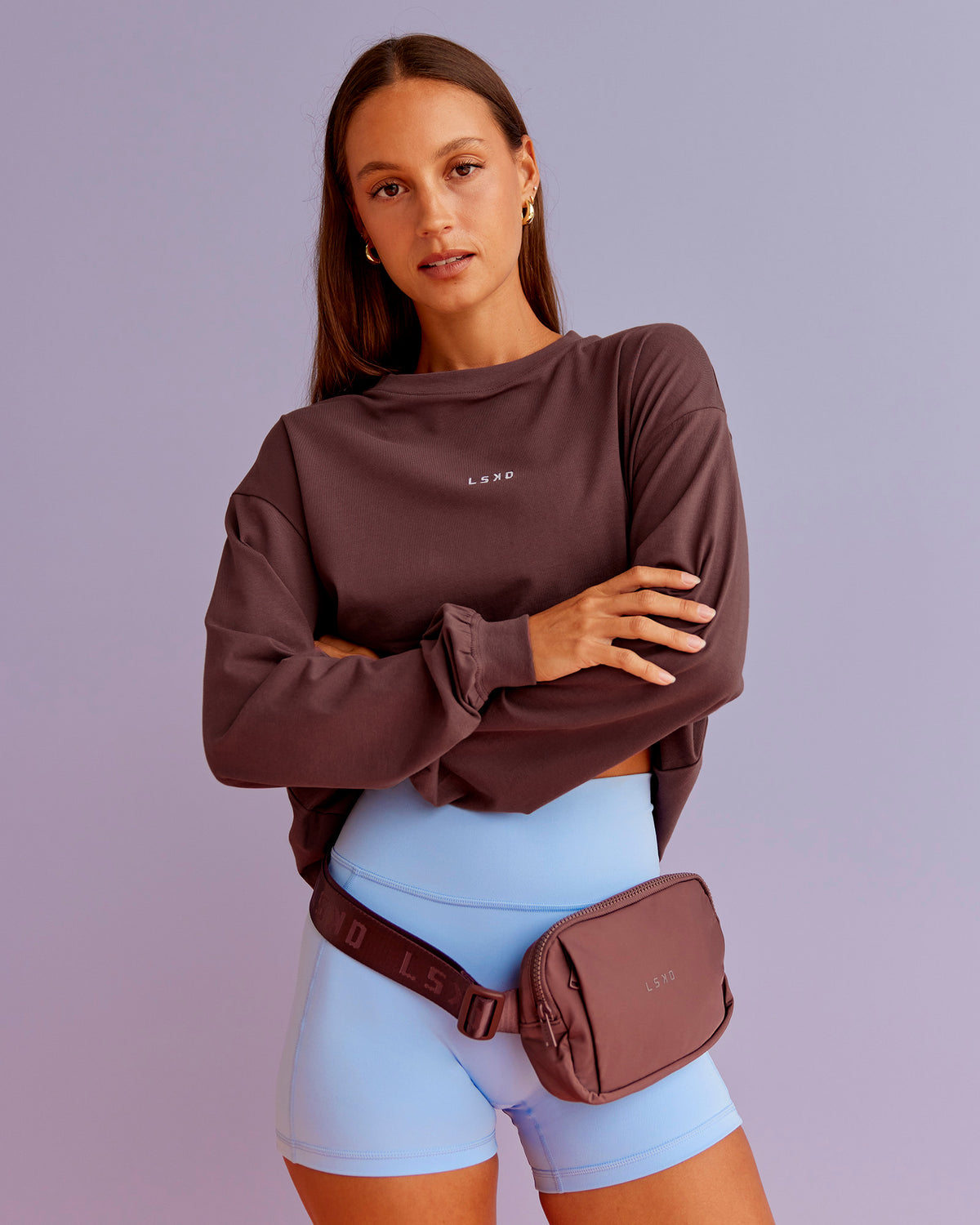 Woman wearing Go-To Long Sleeve FLXCotton Oversized Tee - Cocoa Powder-White | Model:Brylee | Size:XS - view 1