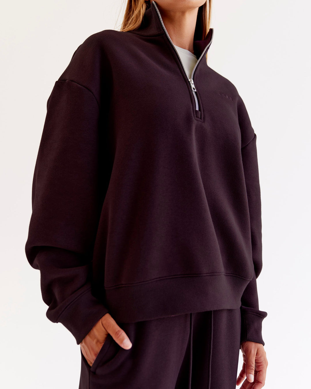 Woman wearing Go-To Oversized Quarter Zip Sweater - Midnight Plum | Model:Jaimee | Size:XS - view 1