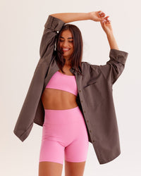 Woman wearing Go-To Oversized Shirt - Cocoa | Model:Ruby | Size:XS | Thumbnail Index: 0