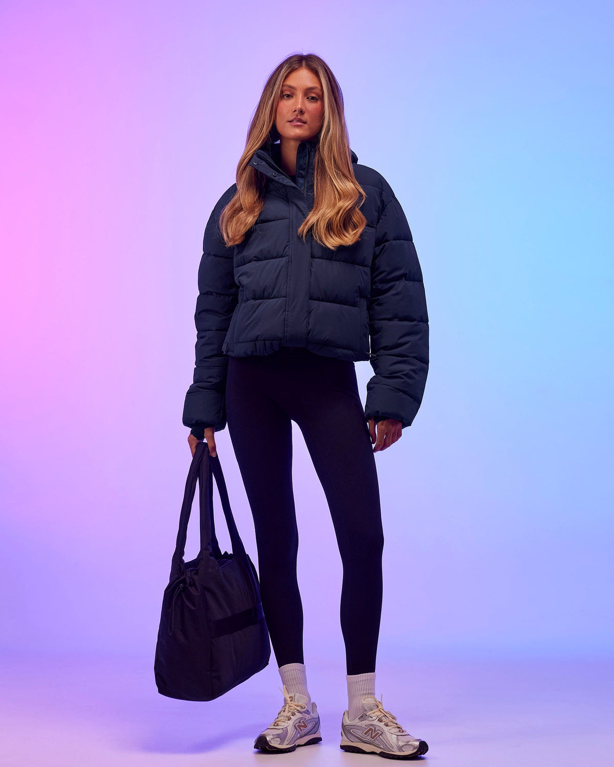 Woman wearing Go-To Puffer Jacket - Future Navy | Model:Georgia | Size:XS - view 2