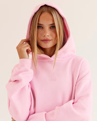Woman wearing Go-To Script Oversized Hoodie - Marshmallow | Model:Taneisha | Size:XS