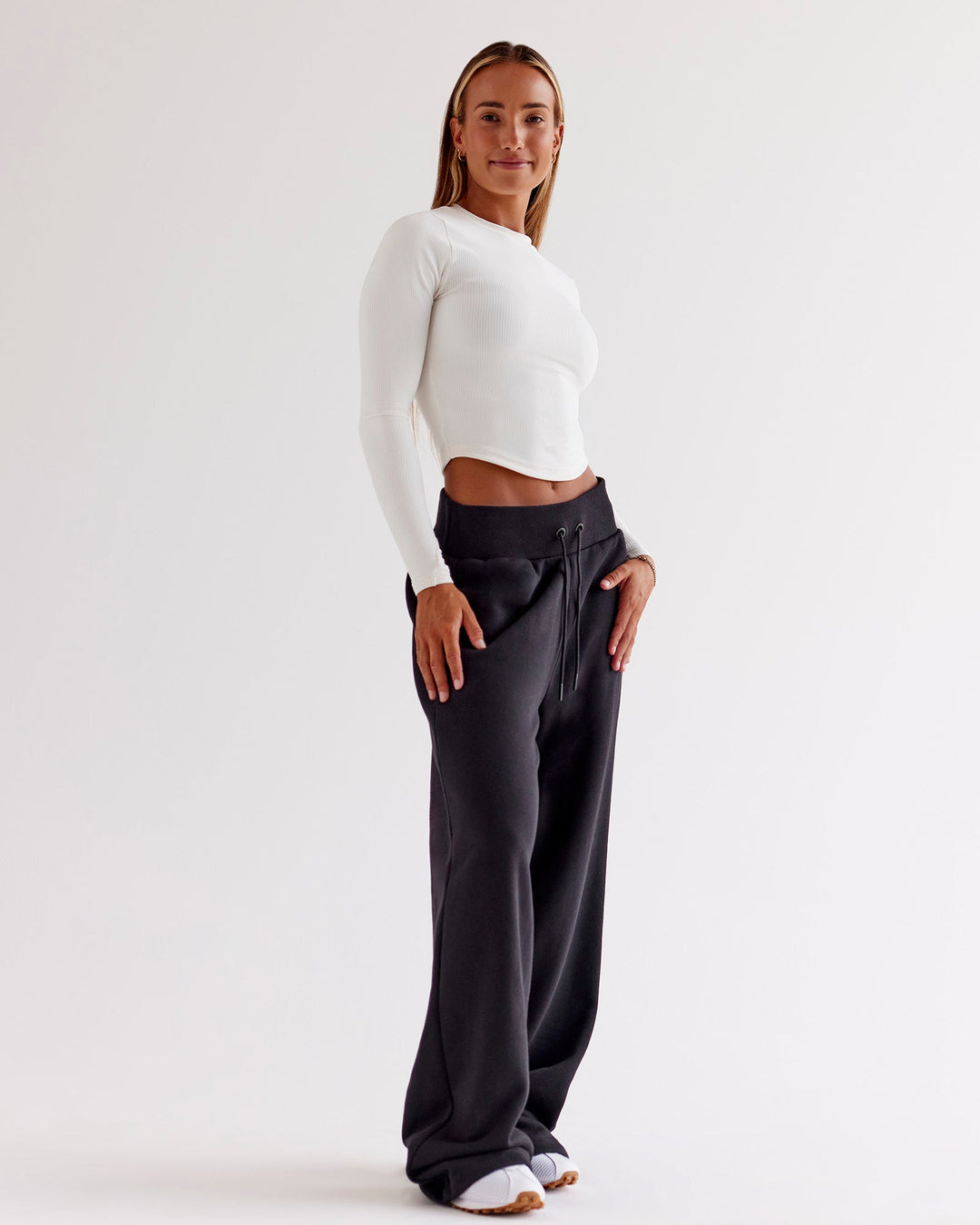 Woman wearing Go-To Wide Leg Track Pant - Black | Model:Jaimee | Size:XS - view 4