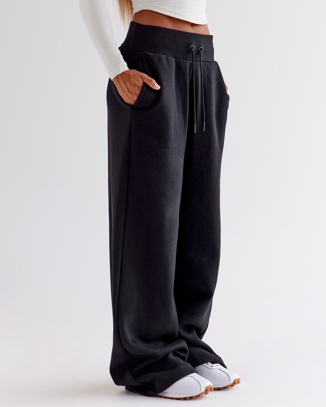 Woman wearing Go-To Wide Leg Track Pant - Black | Model:Jaimee | Size:XS - view 3