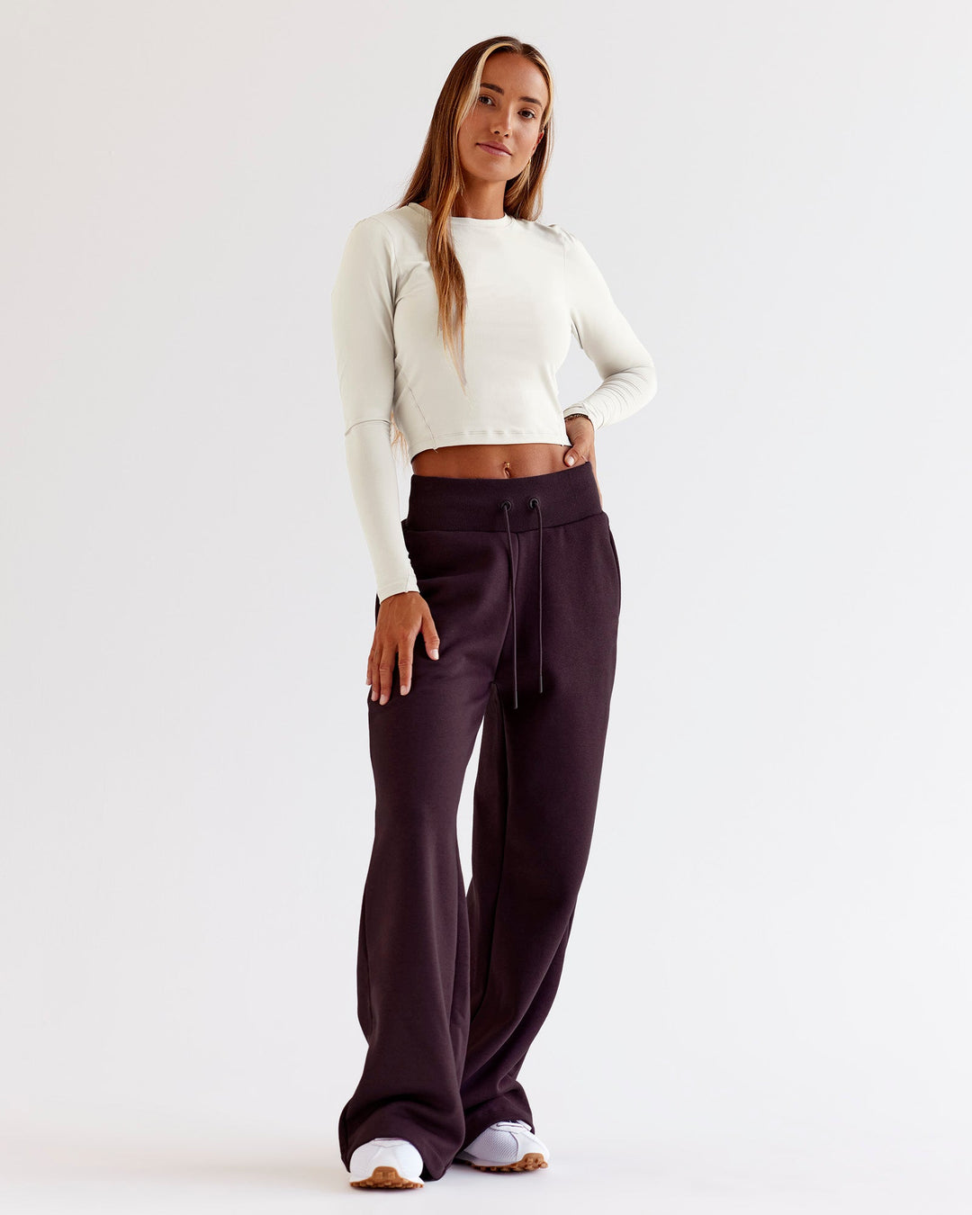 Woman wearing Go-To Wide Leg Track Pant - Midnight Plum | Model:Jaimee | Size:XS - view 3