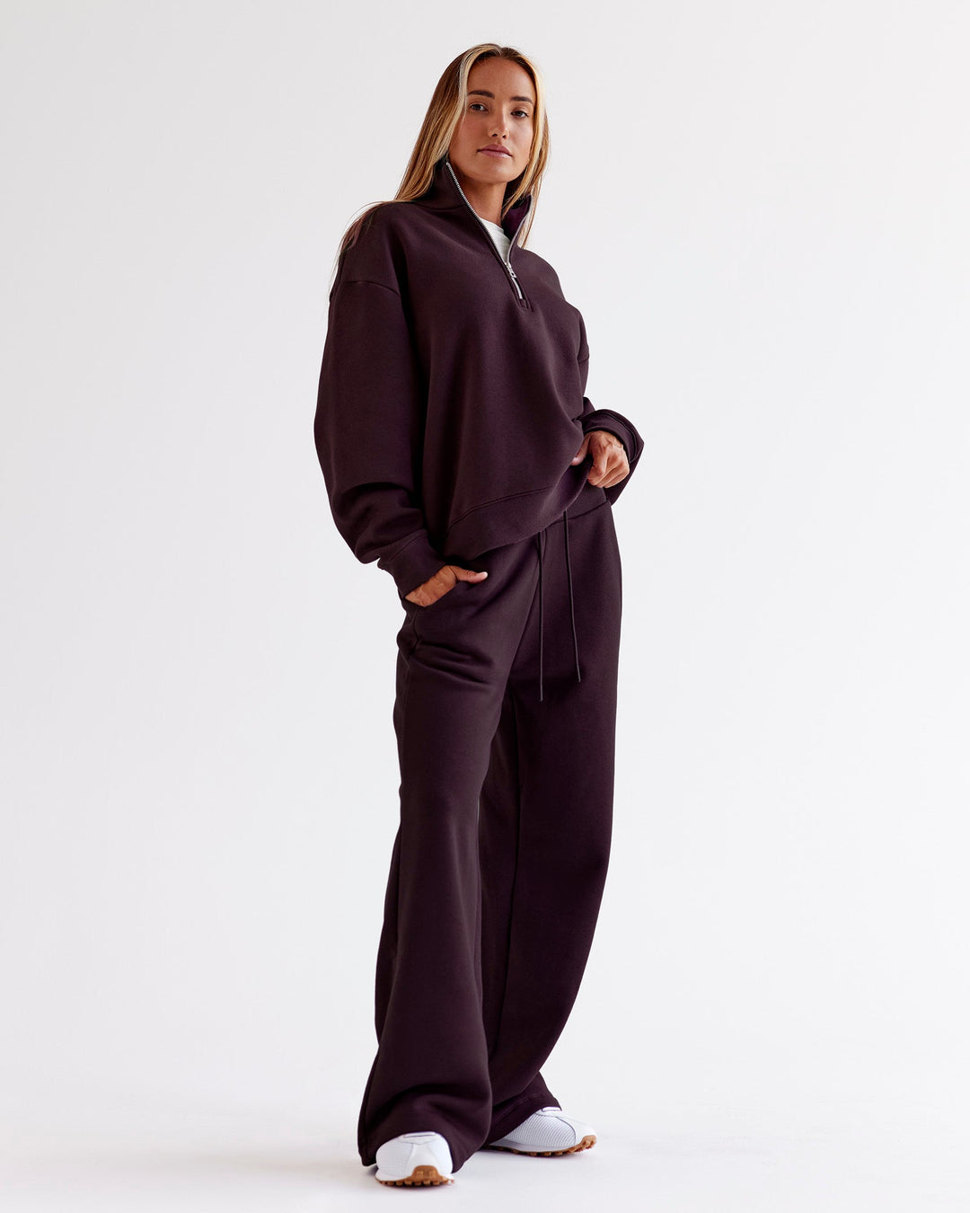 Woman wearing Go-To Wide Leg Track Pant - Midnight Plum | Model:Jaimee | Size:XS - view 2