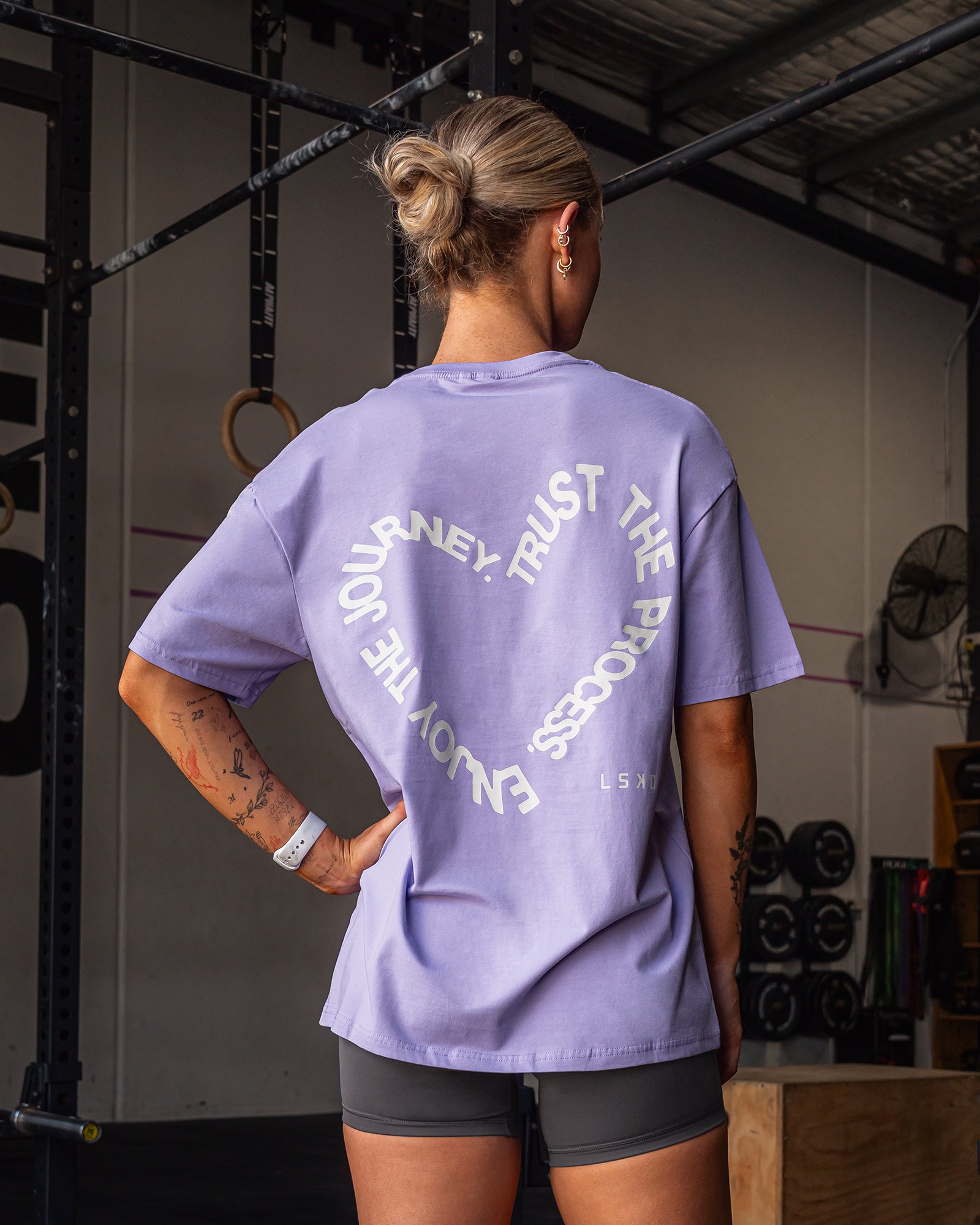 Woman wearing Love The Process FLXCotton Oversize Tee - Violet Ray-Bone | Size:XS