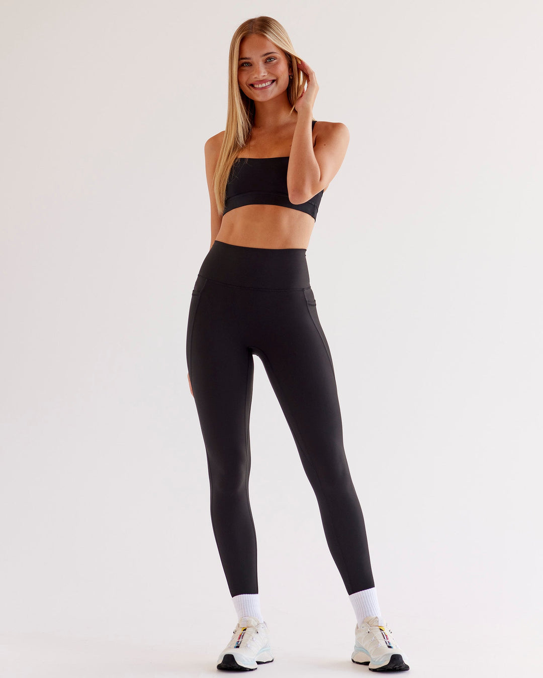Woman wearing O.G Fusion Ultra High-Rise Full Length Legging Pockets - Black | Model:Taneisha | Size:XS