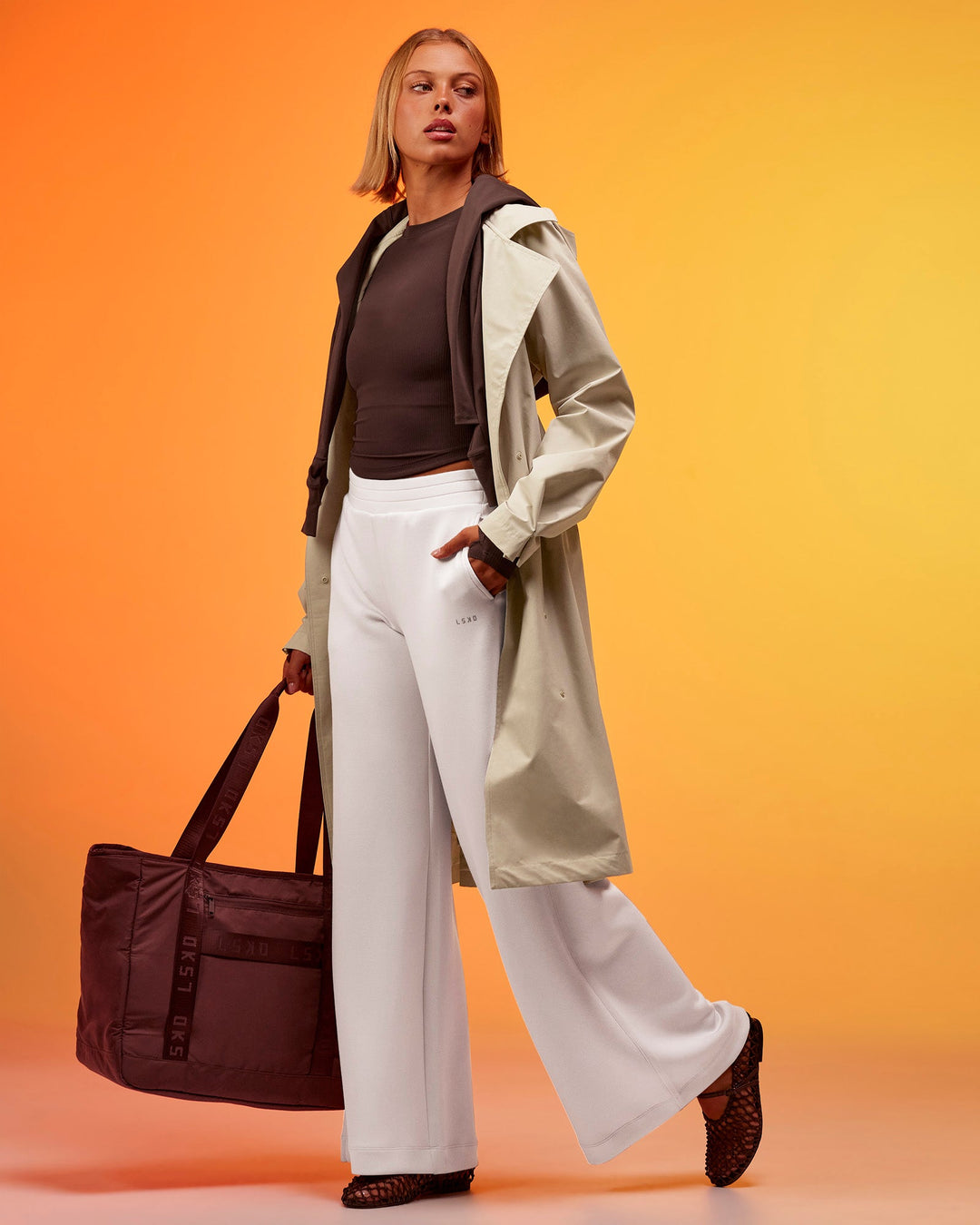 Woman wearing On the Move Trench Coat - Shale Beige | Model:Hailey | Size:XS - view 5