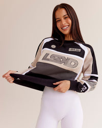 Woman wearing Power Sweater - Black-Shale Beige | Model:Eliza | Size:XS | Thumbnail Index: 0