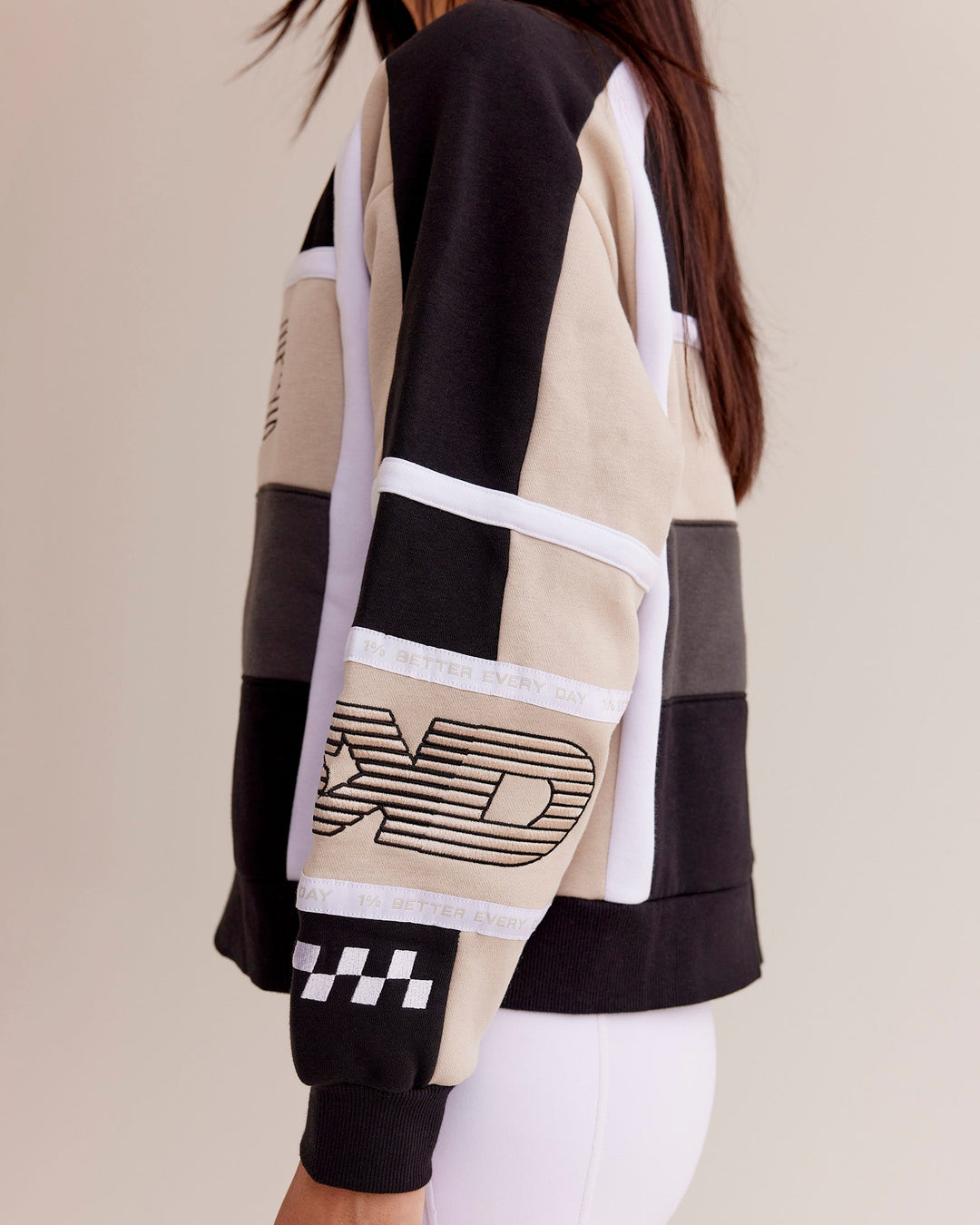 Woman wearing Power Sweater - Black-Shale Beige | Model:Eliza | Size:XS - view 3