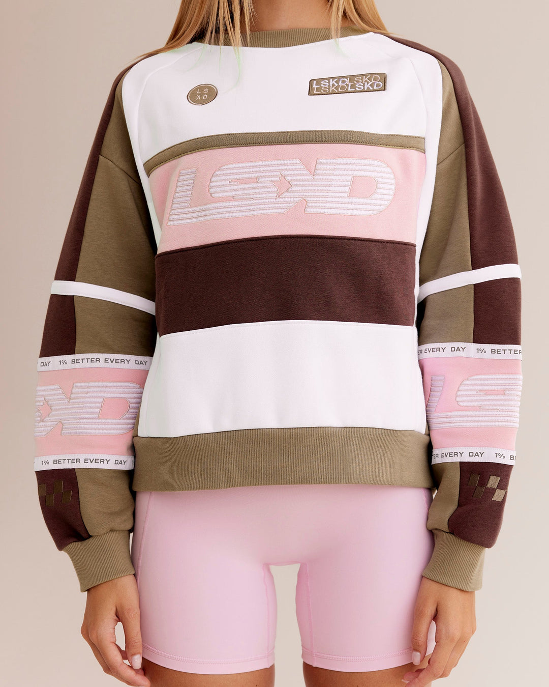 Woman wearing Power Sweater - Cocoa Powder-Marshmallow | Model:Taneisha | Size:XS