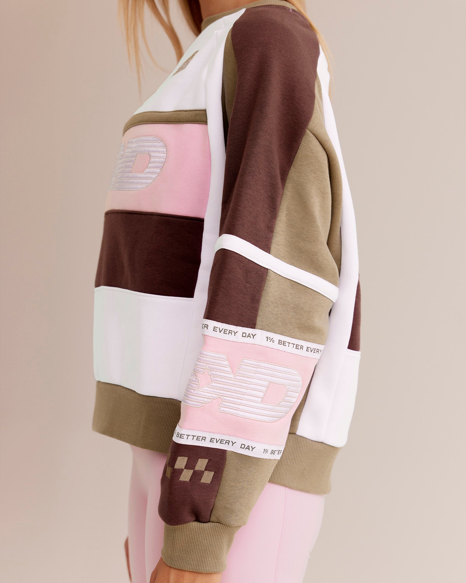 Woman wearing Power Sweater - Cocoa Powder-Marshmallow | Model:Taneisha | Size:XS