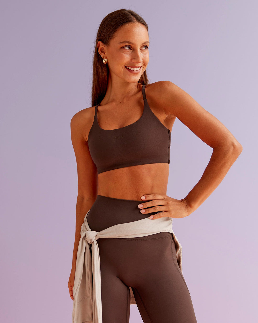 Woman wearing Twist Sports Bra - Hot Chocolate | Model:Brylee | Size:XS - view 8