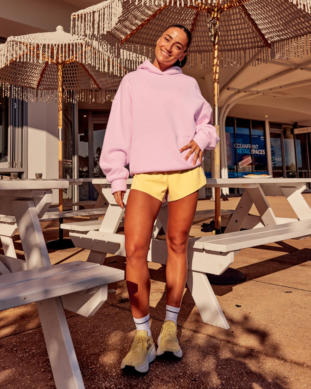 Woman wearing Your Race Oversized Hoodie - Marshmallow | Model:Grace | Size:XS