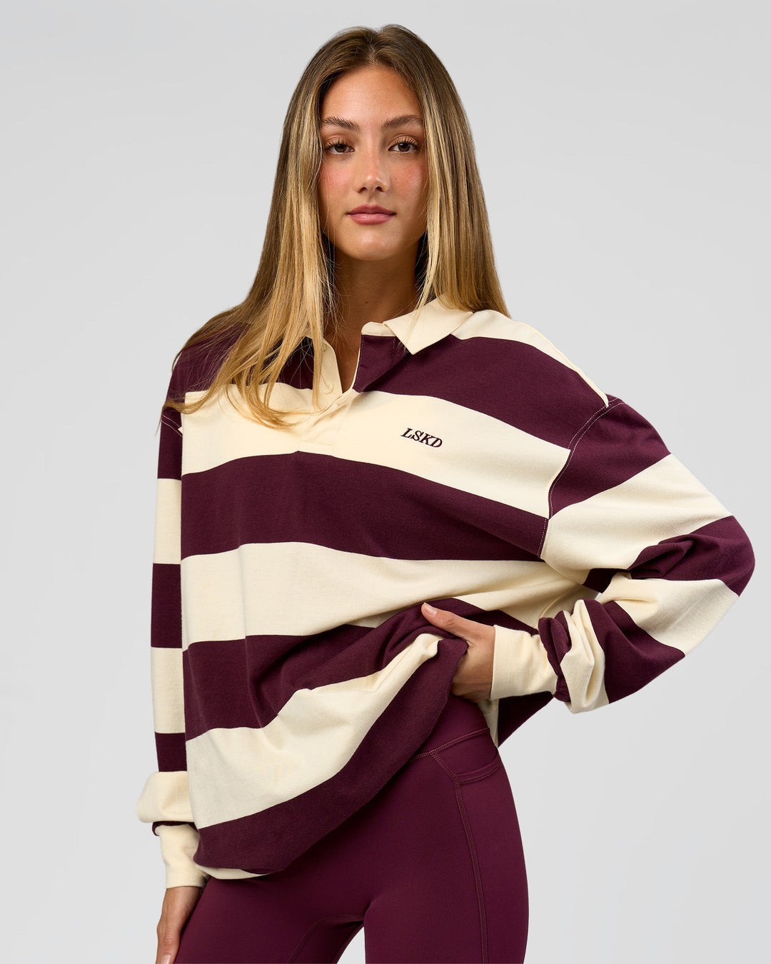 Woman wearing Clubhouse Rugby Polo - Off White-Cherry | Model:Georgia | Size:XS