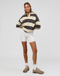 Duo wearing Oversized Rugby Polo - Off White-Grey| Model:Both | Size:Duo