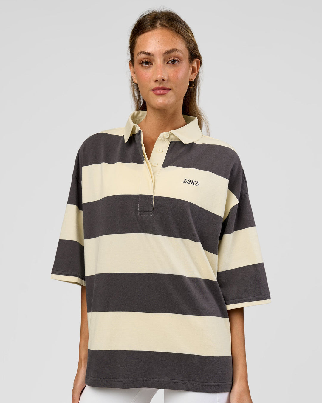 Woman wearing Oversized Rugby Polo - Off White-Grey| Model:Georgia| Size:XS