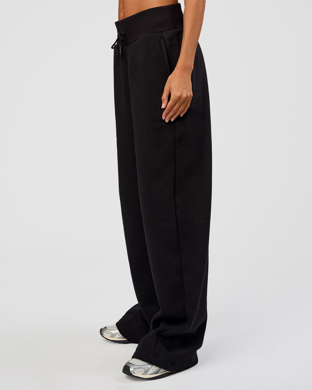 Woman wearing Go-To Wide Leg Track Pant Tall - Black | Model:Georgia | Size:XS - view 6