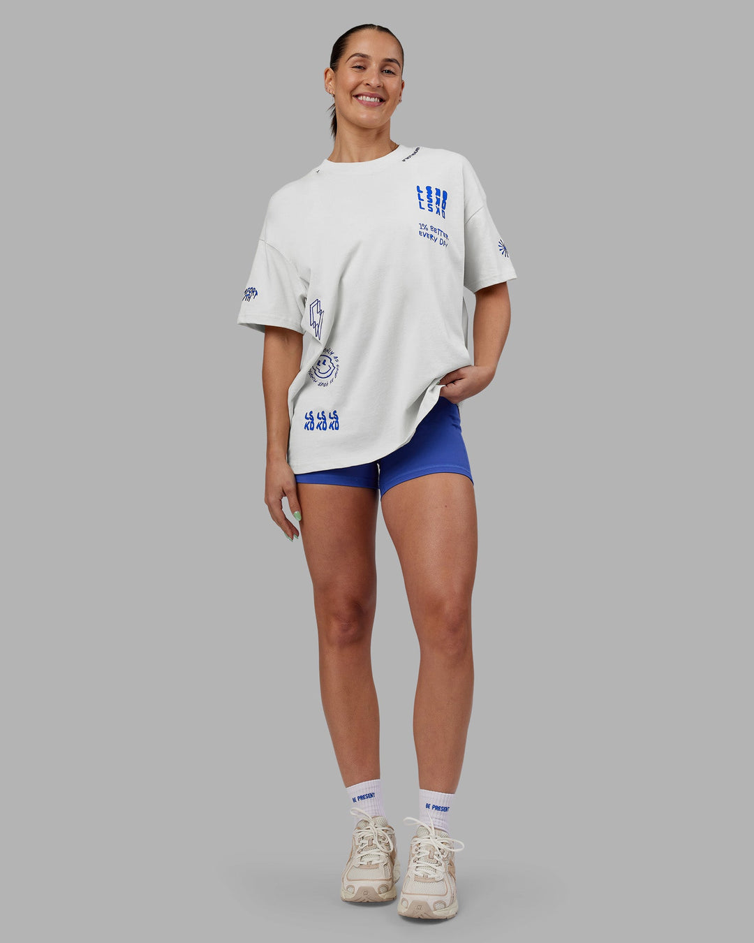 Woman wearing Abs If Not Now When Heavyweight Oversized Tee - Vaporous Gray | Model:Abbey | Size:XS