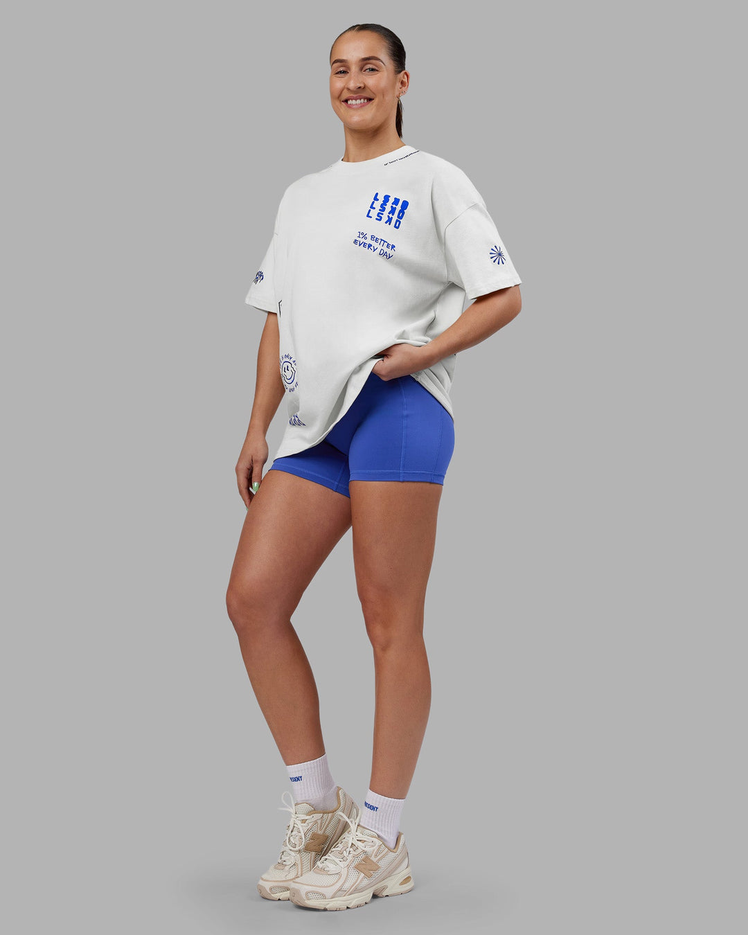 Woman wearing Abs If Not Now When Heavyweight Oversized Tee - Vaporous Gray | Model:Abbey | Size:XS