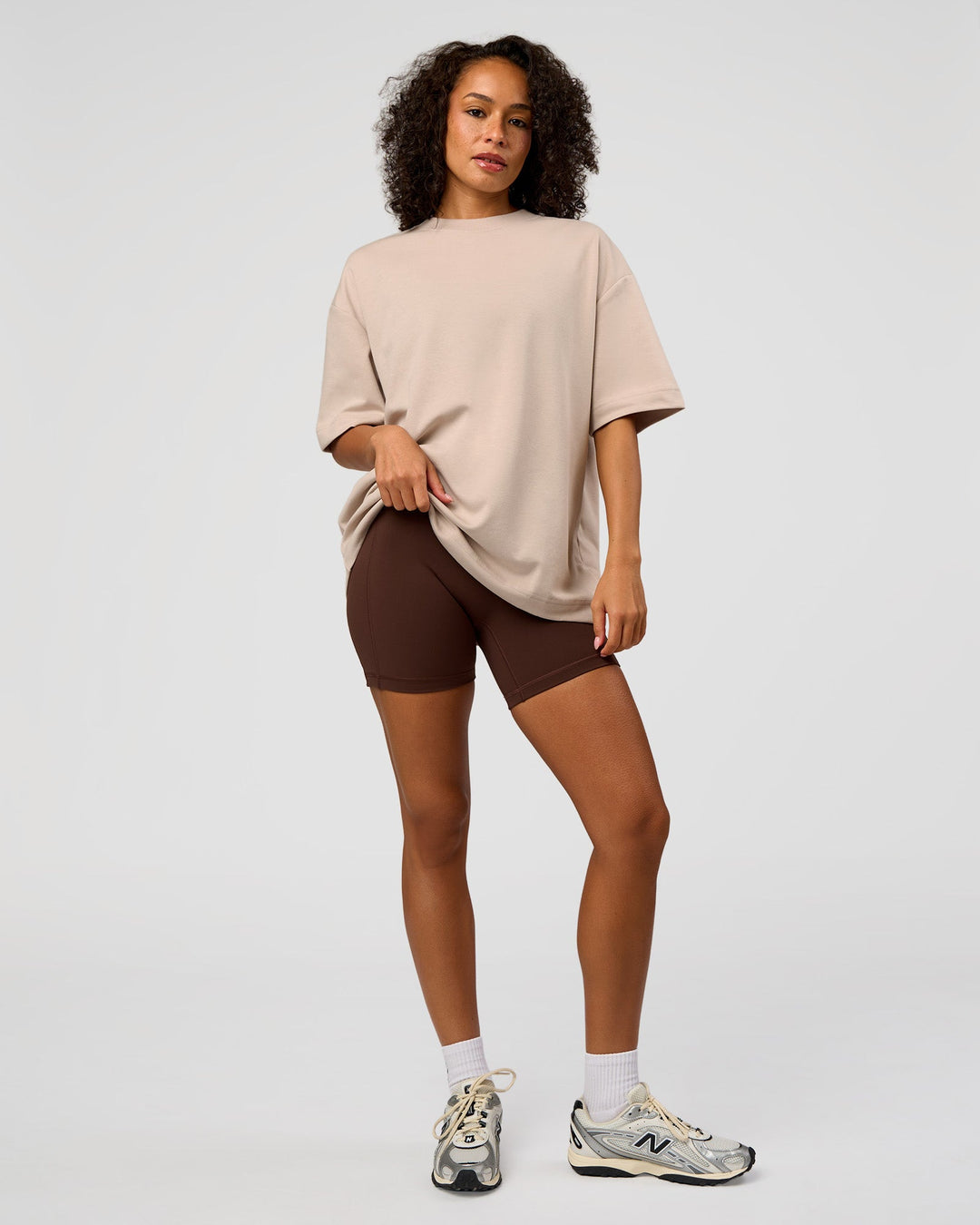 Woman wearing AfterDark ZeroCrease Oversized Tee - Shale Beige | Model:Jasmine | Size:XS - view 11