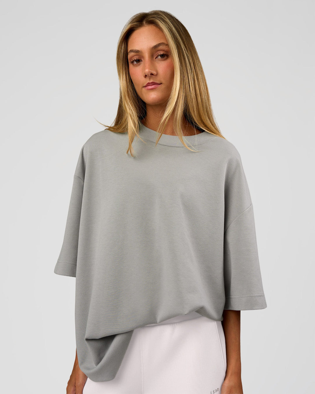 Woman wearing AfterDark ZeroCrease Oversized Tee - Alloy | Model:Georgia | Size:XS - view 4