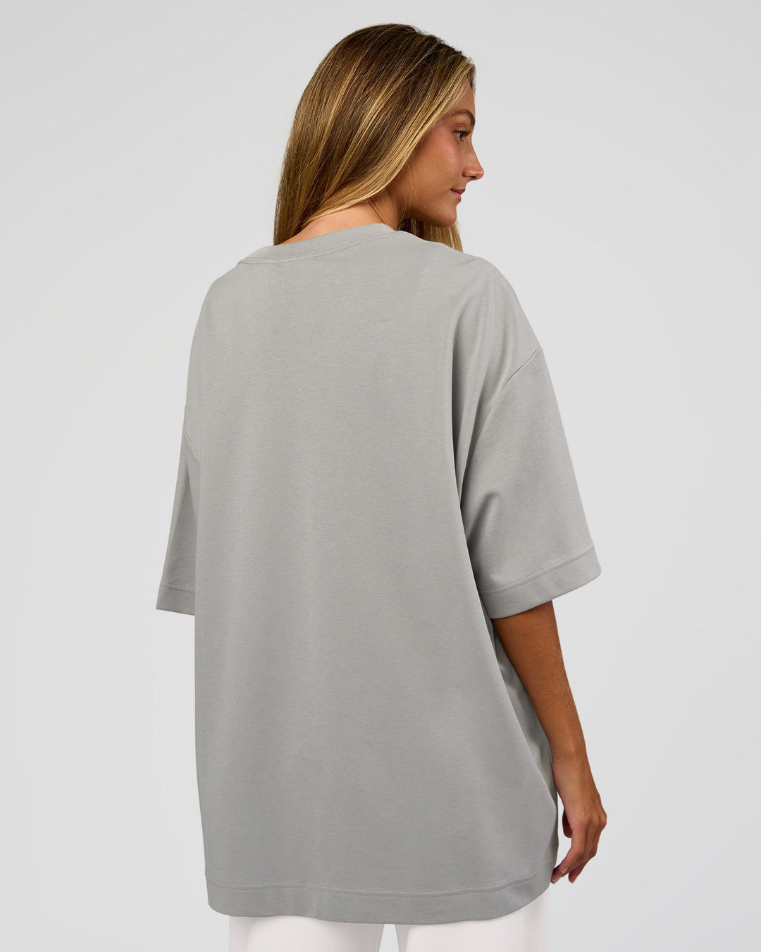 Woman wearing AfterDark ZeroCrease Oversized Tee - Alloy | Model:Georgia | Size:XS - view 7