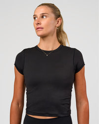 Woman wearing All Day Short Sleeve Tee - Black | Model:Emelia | Size:XS