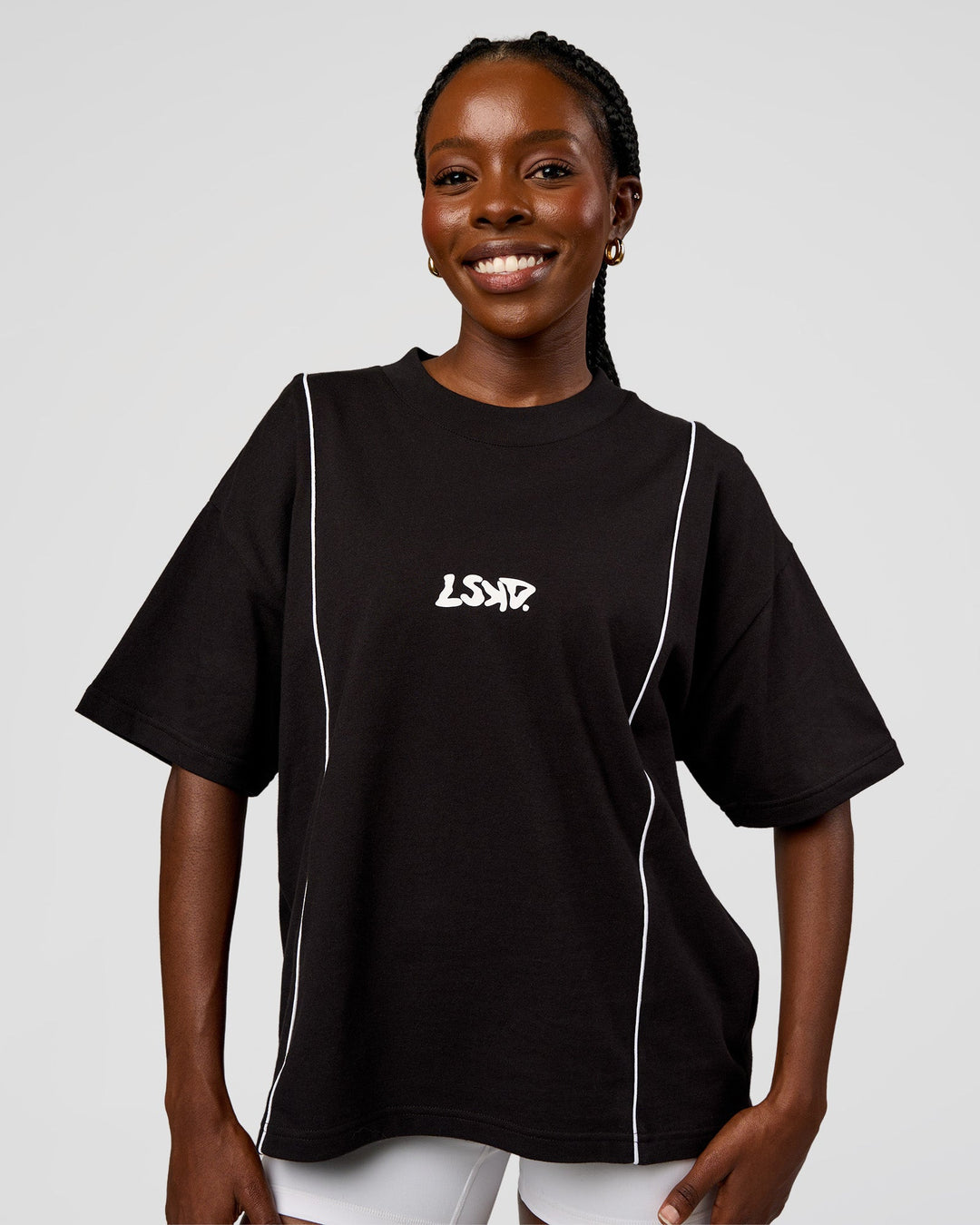 Woman wearing Axis Heavyweight Oversized Boxed Tee - Black-White | Model:Ellie | Size:XS