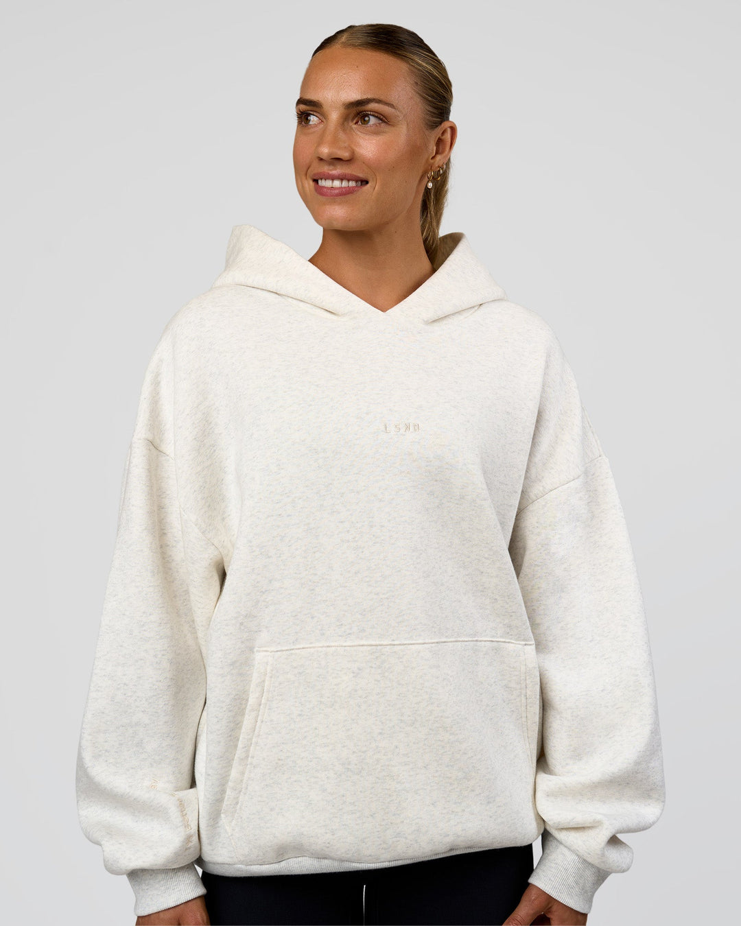 Woman wearing Base Oversized Hoodie - Silver Marl | Model:Maja | Size:XS - view 3