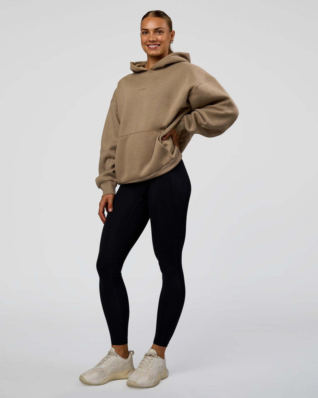 Woman wearing Base Oversized Hoodie - Taupe Ash | Model:Maja | Size:XS - view 4