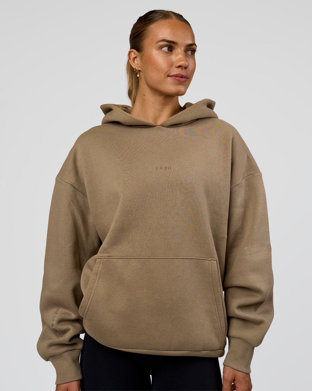 Woman wearing Base Oversized Hoodie - Taupe Ash | Model:Maja | Size:XS - view 3