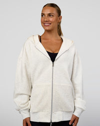 Woman wearing Base Zip Through Oversized Hoodie - Silver Marl | Model:Maja | Size:XS | Thumbnail Index: 2