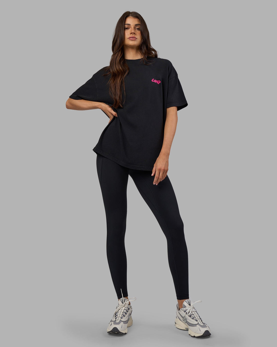 Woman wearing Break Through Heavyweight Oversized Tee - Black Washed-Plum Caspia | Model:Phoebe | Size:XS